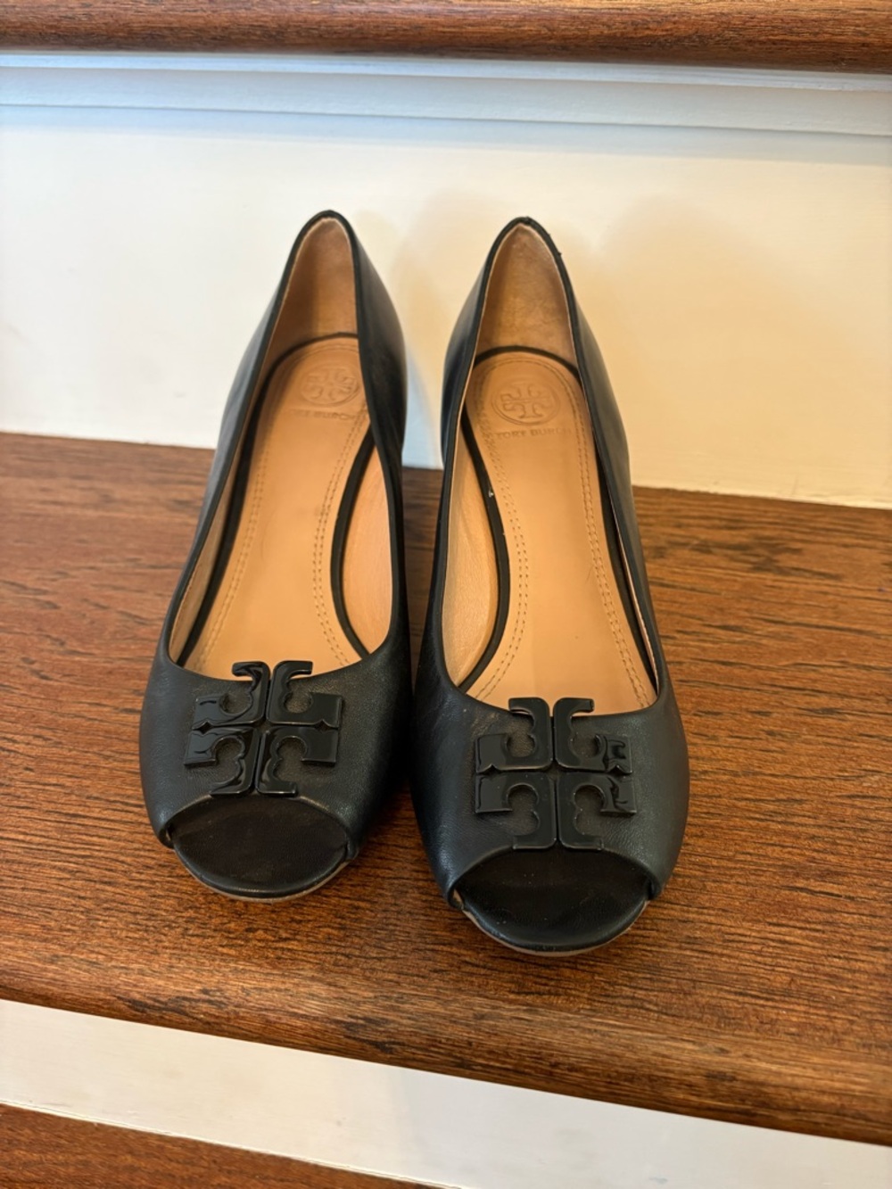 Tory Burch Black Peep-Toe Leather Heels with Logo